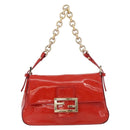 FENDI Mamma Baguette Chain Shoulder Bag Patent leather Red Gold Auth bs35306A-2