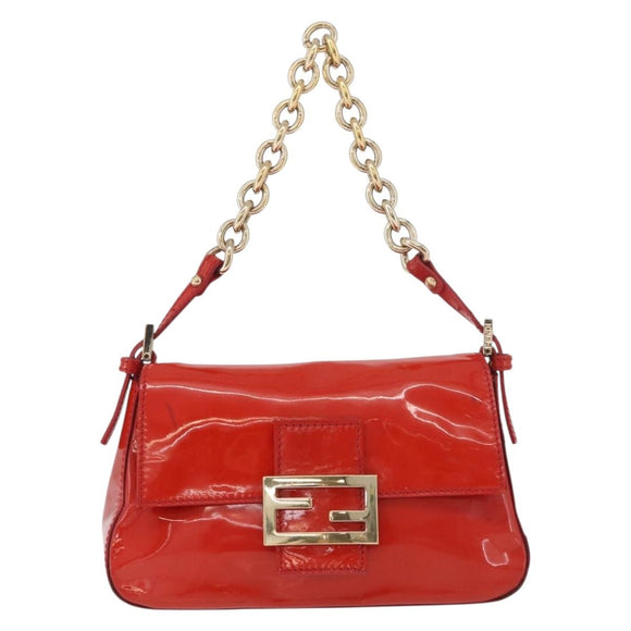 FENDI Mamma Baguette Chain Shoulder Bag Patent leather Red Gold Auth bs35306A