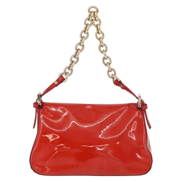 FENDI Mamma Baguette Chain Shoulder Bag Patent leather Red Gold Auth bs35306A