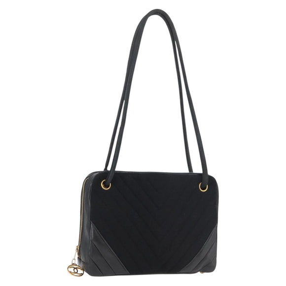 CHANEL V Stitch Shoulder Bag Cotton Black Gold CC Auth bs35307