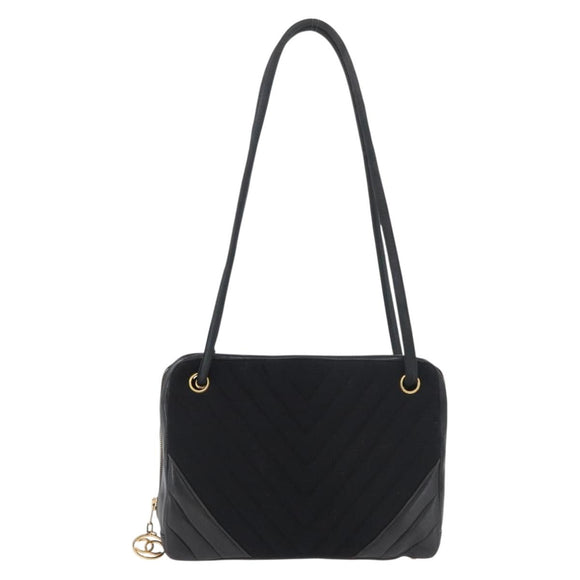 CHANEL V Stitch Shoulder Bag Cotton Black Gold CC Auth bs35307