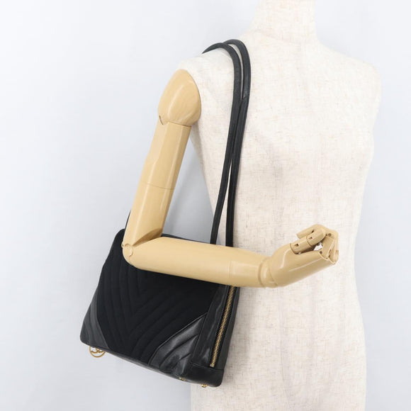 CHANEL V Stitch Shoulder Bag Cotton Black Gold CC Auth bs35307