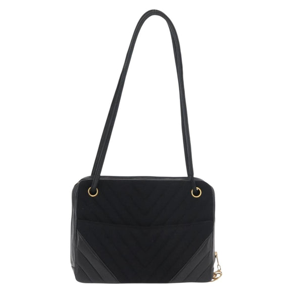 CHANEL V Stitch Shoulder Bag Cotton Black Gold CC Auth bs35307