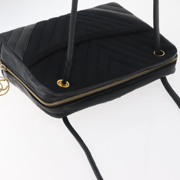 CHANEL V Stitch Shoulder Bag Cotton Black Gold CC Auth bs35307
