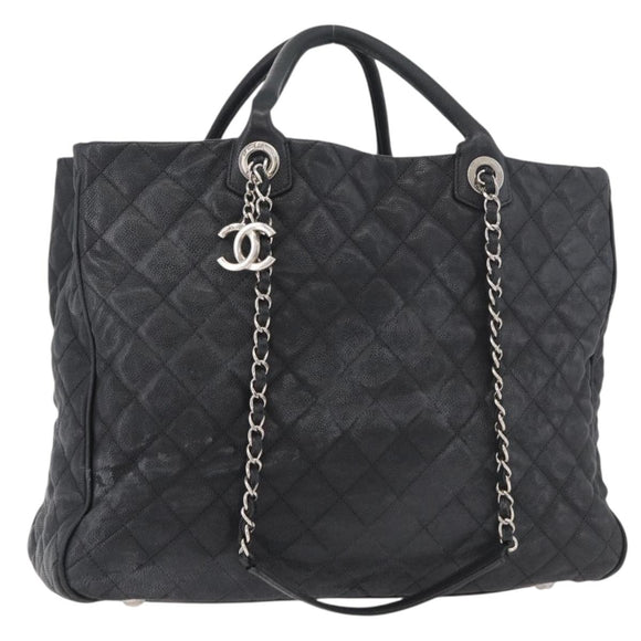 CHANEL Matelasse Chain Tote Bag Caviar Skin 2way Black Silver CC Auth bs35339