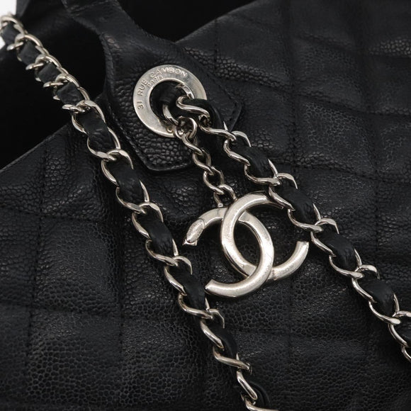 CHANEL Matelasse Chain Tote Bag Caviar Skin 2way Black Silver CC Auth bs35339