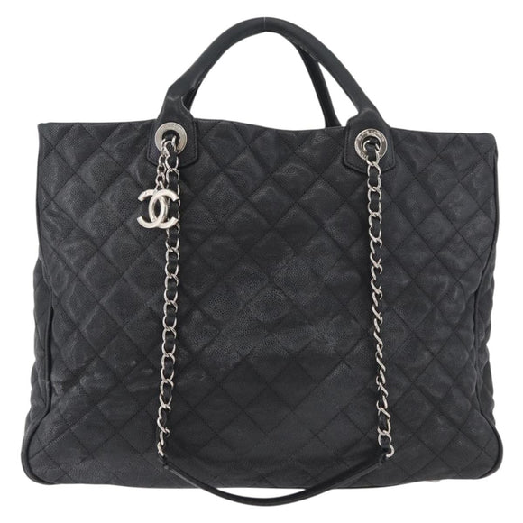 CHANEL Matelasse Chain Tote Bag Caviar Skin 2way Black Silver CC Auth bs35339