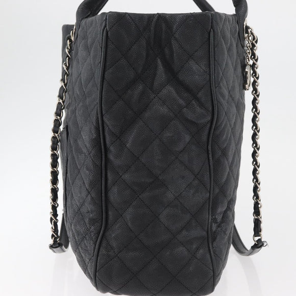 CHANEL Matelasse Chain Tote Bag Caviar Skin 2way Black Silver CC Auth bs35339