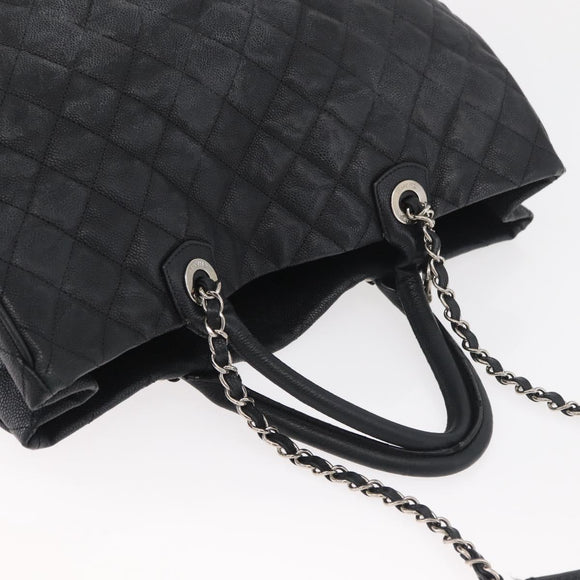CHANEL Matelasse Chain Tote Bag Caviar Skin 2way Black Silver CC Auth bs35339