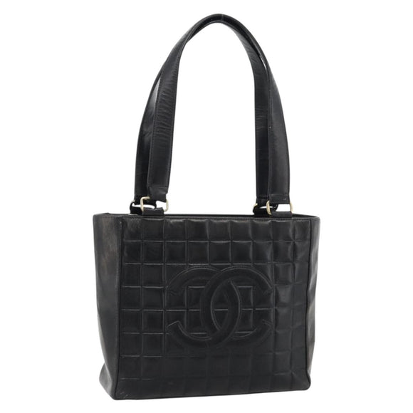 CHANEL Choco Bar Hand Bag Leather Black Gold CC Auth bs35341