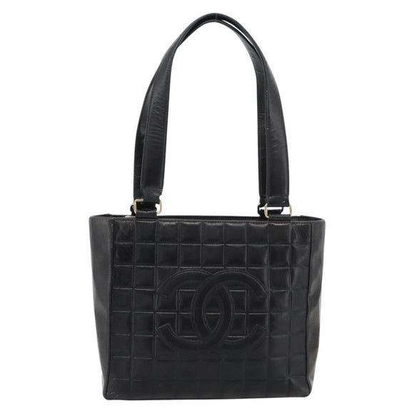 CHANEL Choco Bar Hand Bag Leather Black Gold CC Auth bs35341