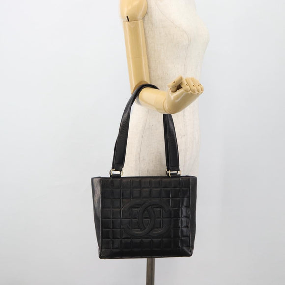 CHANEL Choco Bar Hand Bag Leather Black Gold CC Auth bs35341