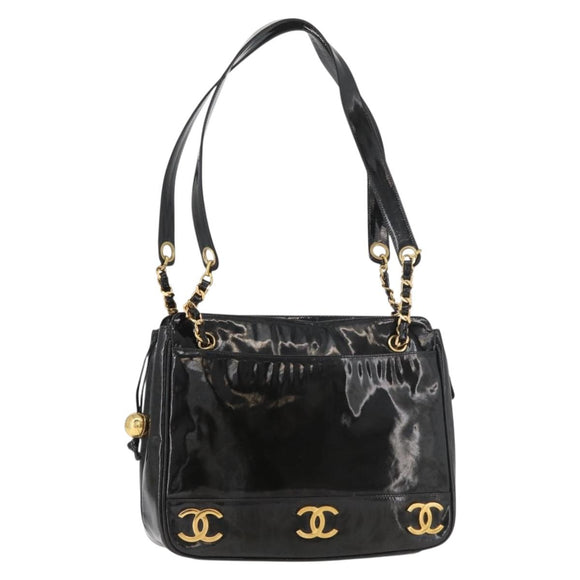 CHANEL Chain Shoulder Bag Patent Leather Black Gold CC Auth bs35342