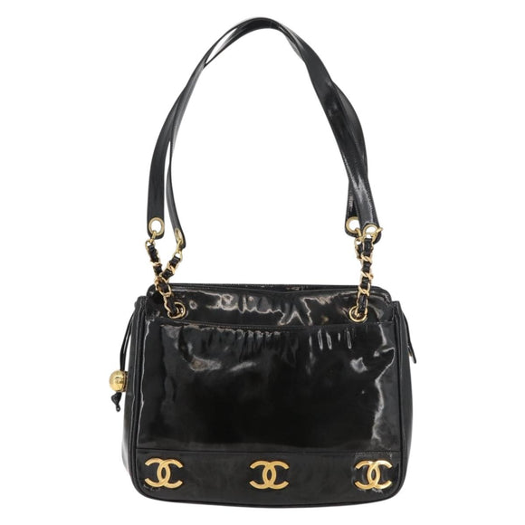 CHANEL Chain Shoulder Bag Patent Leather Black Gold CC Auth bs35342