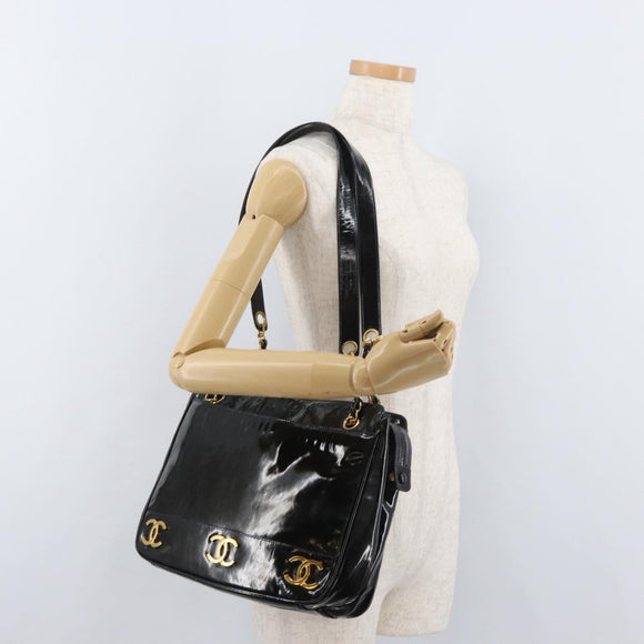 CHANEL Chain Shoulder Bag Patent Leather Black Gold CC Auth bs35342