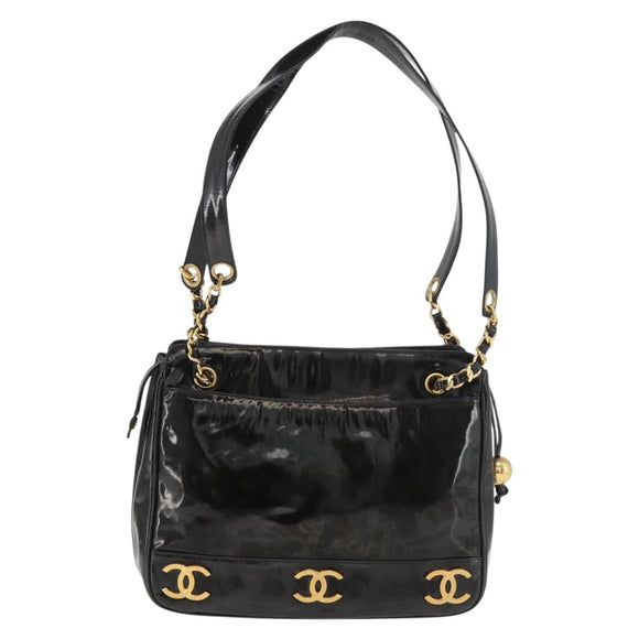 CHANEL Chain Shoulder Bag Patent Leather Black Gold CC Auth bs35342