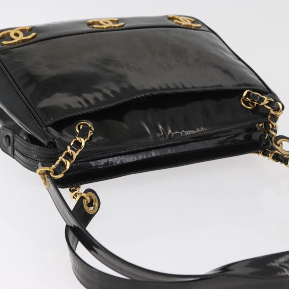 CHANEL Chain Shoulder Bag Patent Leather Black Gold CC Auth bs35342