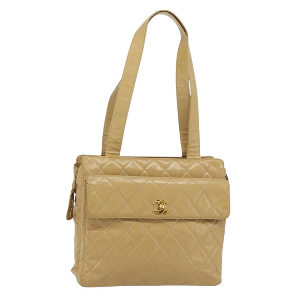 CHANEL Matelasse Tote Bag Patent Leather Beige Gold CC Auth bs35345