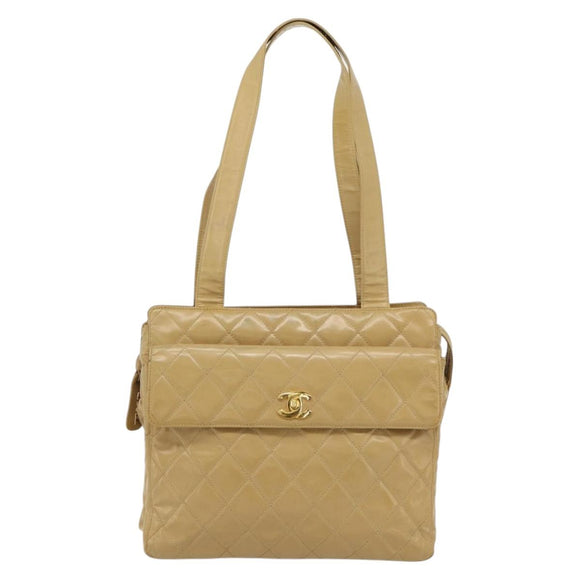 CHANEL Matelasse Tote Bag Patent Leather Beige Gold CC Auth bs35345