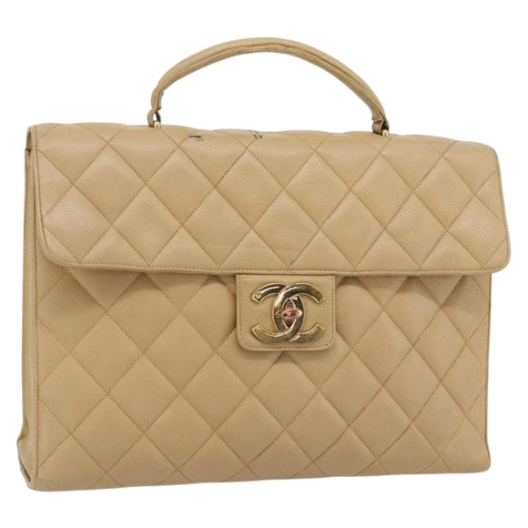 CHANEL Matelassé Business Tas Kaviaarleer Beige Goud CC Auth bs35346