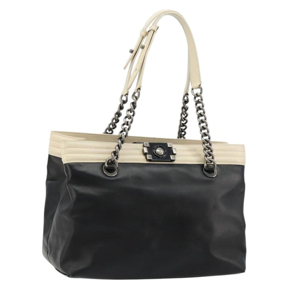 CHANEL Boy Chanel Chain Tote Bag Calf Skin Black Silver CC Auth bs35348