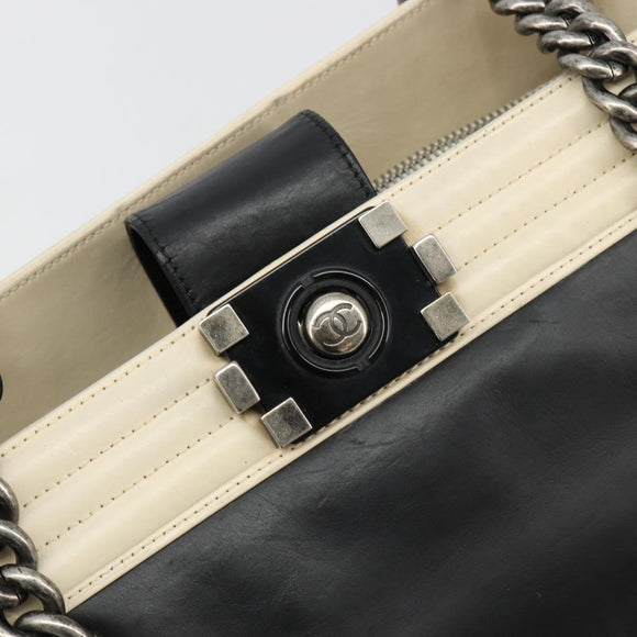CHANEL Boy Chanel Chain Tote Bag Calf Skin Black Silver CC Auth bs35348