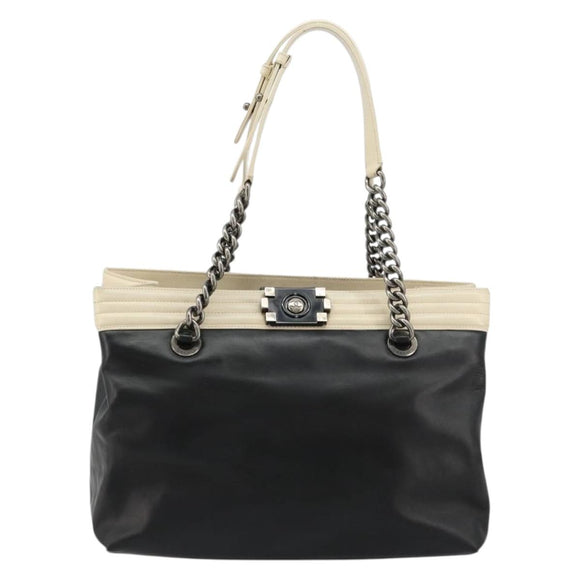 CHANEL Boy Chanel Chain Tote Bag Calf Skin Black Silver CC Auth bs35348