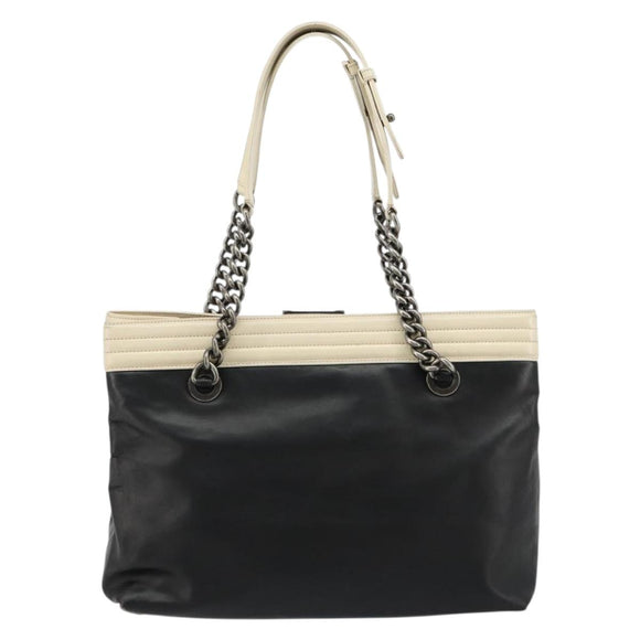 CHANEL Boy Chanel Chain Tote Bag Calf Skin Black Silver CC Auth bs35348