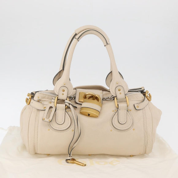 Chloe Paddington Hand Bag Leather Ivory Gold Silver Auth bs35349M