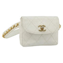 CHANEL Bicolore Waist Bag Lamb Skin White Gold CC Auth bs35350-1