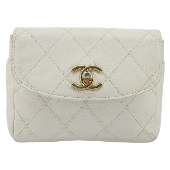 CHANEL Bicolore Waist Bag Lamb Skin White Gold CC Auth bs35350
