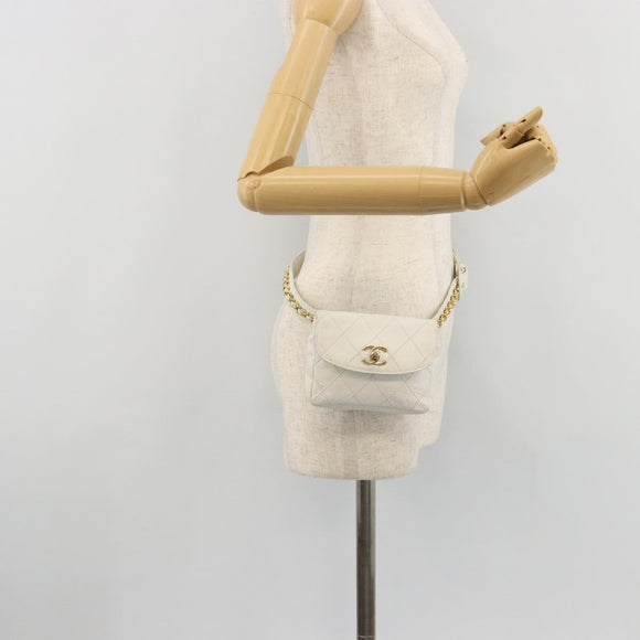 CHANEL Bicolore Waist Bag Lamb Skin White Gold CC Auth bs35350