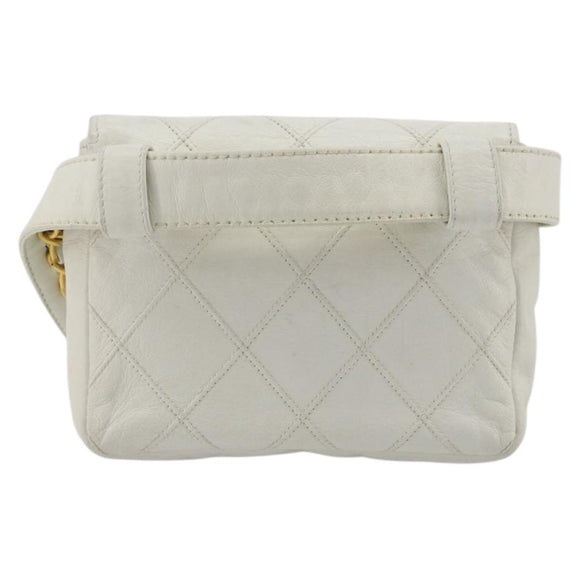 CHANEL Bicolore Waist Bag Lamb Skin White Gold CC Auth bs35350