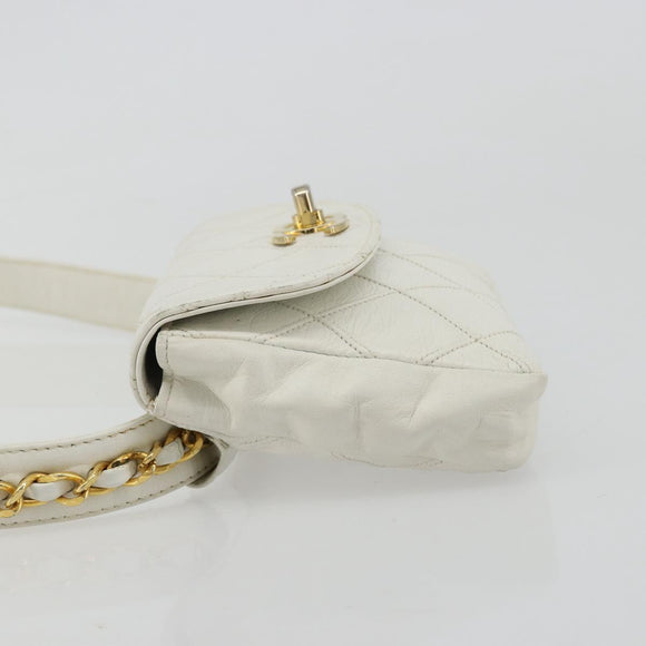 CHANEL Bicolore Waist Bag Lamb Skin White Gold CC Auth bs35350