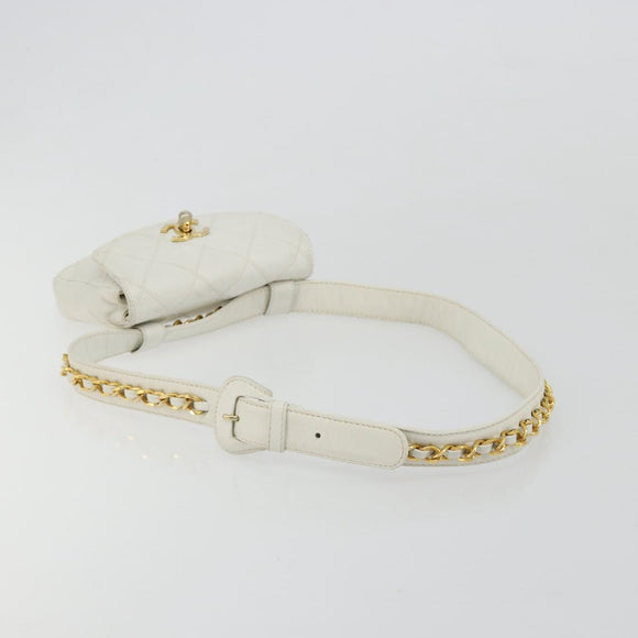 CHANEL Bicolore Waist Bag Lamb Skin White Gold CC Auth bs35350