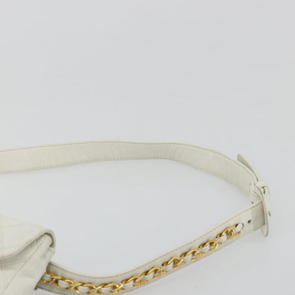 CHANEL Bicolore Waist Bag Lamb Skin White Gold CC Auth bs35350