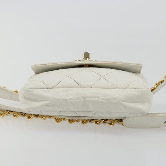 CHANEL Bicolore Waist Bag Lamb Skin White Gold CC Auth bs35350