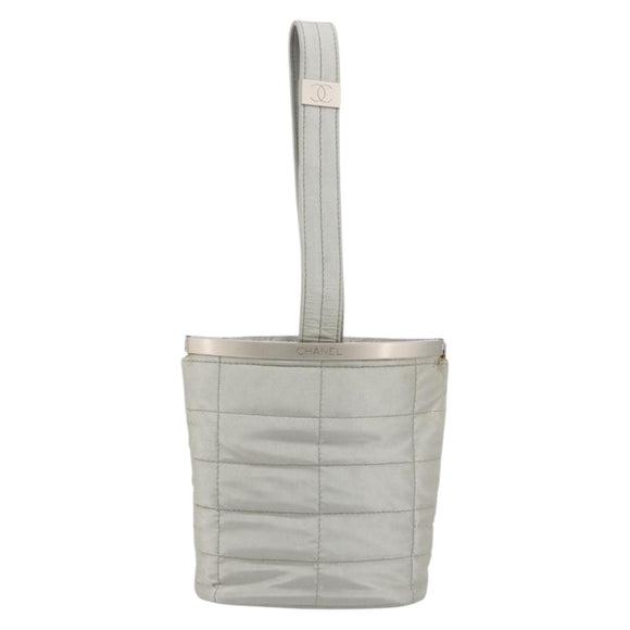CHANEL Choco Bar Handtasje Nylon Zilver CC Auth bs35353