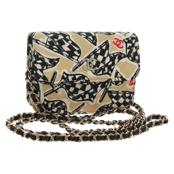 CHANEL Matelasse Chain Shoulder Pouch Nylon Beige Gold CC Auth bs35360SAM