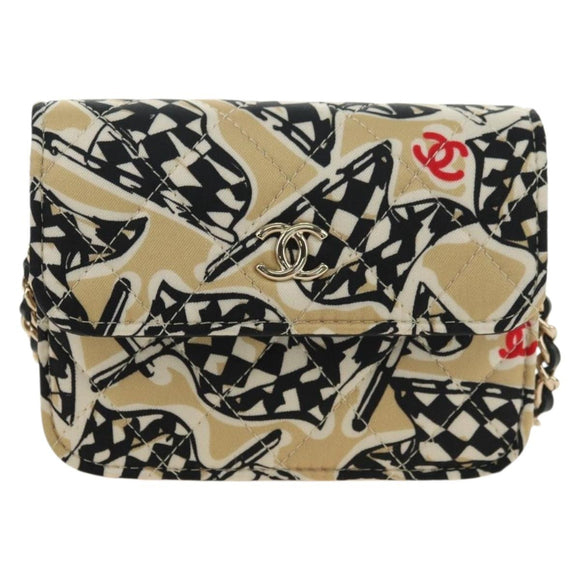 CHANEL Matelasse Chain Shoulder Pouch Nylon Beige Gold CC Auth bs35360SAM
