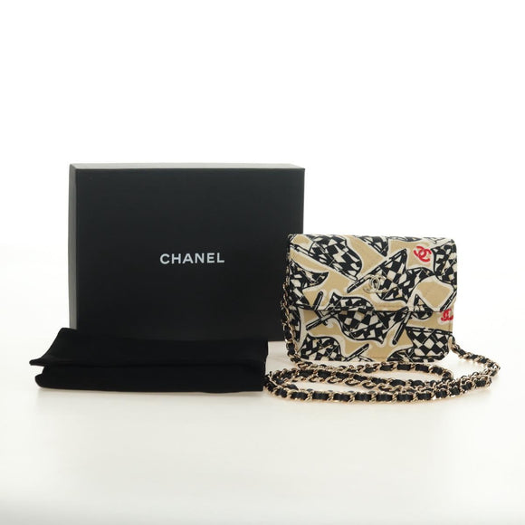 CHANEL Matelasse Chain Shoulder Pouch Nylon Beige Gold CC Auth bs35360SAM