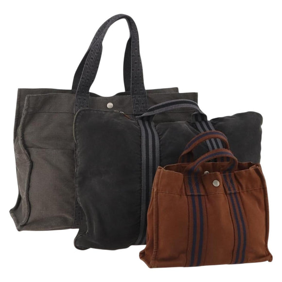 HERMES Hand Bag Canvas 3 Set Gray Black Brown Auth bs35362