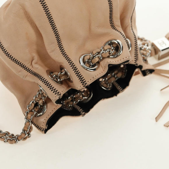 CHANEL Chain Purse Hand Bag Lamb Skin Beige Silver CC Auth bs35366V