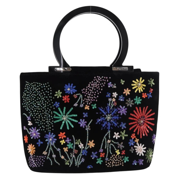 Salvatore Ferragamo Beads Hand Bag Velor Black Silver Auth bs35367A