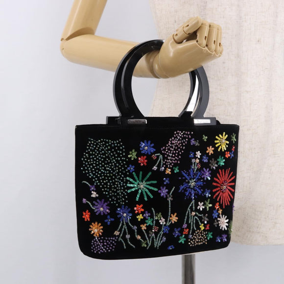 Salvatore Ferragamo Beads Hand Bag Velor Black Silver Auth bs35367A