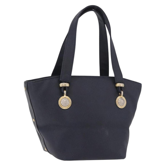 VERSACE Hand Bag Leather Navy Gold Auth bs35368