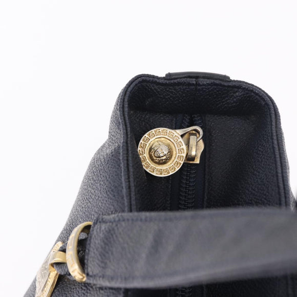 VERSACE Hand Bag Leather Navy Gold Auth bs35368