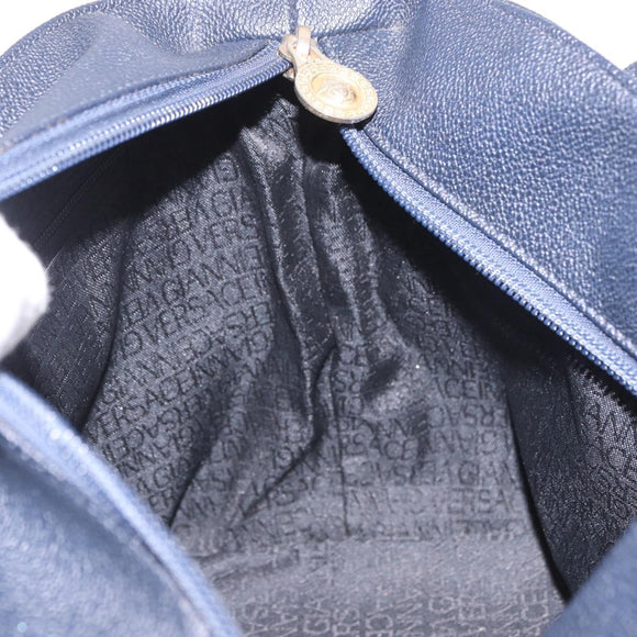 VERSACE Hand Bag Leather Navy Gold Auth bs35368