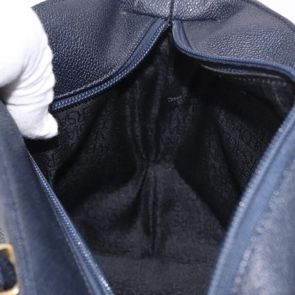 VERSACE Hand Bag Leather Navy Gold Auth bs35368