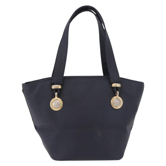 VERSACE Hand Bag Leather Navy Gold Auth bs35368